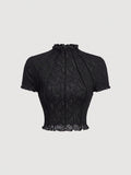Lace Floral Jacquard Thin Women'S T-Shirt, Dreamy And Romantic, Suitable for Dates, Gatherings, Summer And Spring Wear, Spring Break, Vacation, Picnic, Holiday, Birthday, Etc - Black