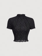 Lace Floral Jacquard Thin Women'S T-Shirt, Dreamy And Romantic, Suitable for Dates, Gatherings, Summer And Spring Wear, Spring Break, Vacation, Picnic, Holiday, Birthday, Etc - Black