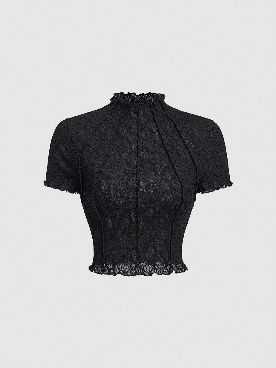 Lace Floral Jacquard Thin Women'S T-Shirt, Dreamy And Romantic, Suitable for Dates, Gatherings, Summer And Spring Wear, Spring Break, Vacation, Picnic, Holiday, Birthday, Etc - Black