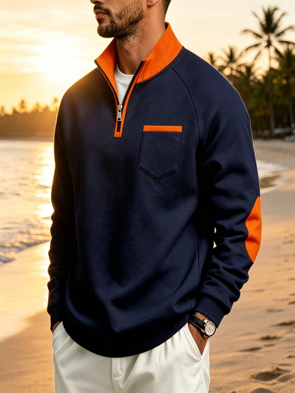 Men's Quarter Zip Stand Collar Sweatshirt, Heavyweight Color Block Pullover with Elbow Patches, Raglan Long Sleeve Tops with Chest Pocket, Lined Loose Casual Commute Outerwear, Autumn Winter Versatile Plus Size Men Clothing Multiple Colors& S - Navy Blue