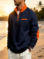 Men's Quarter Zip Stand Collar Sweatshirt, Heavyweight Color Block Pullover with Elbow Patches, Raglan Long Sleeve Tops with Chest Pocket, Lined Loose Casual Commute Outerwear, Autumn Winter Versatile Plus Size Men Clothing Multiple Colors& S - Navy Blue