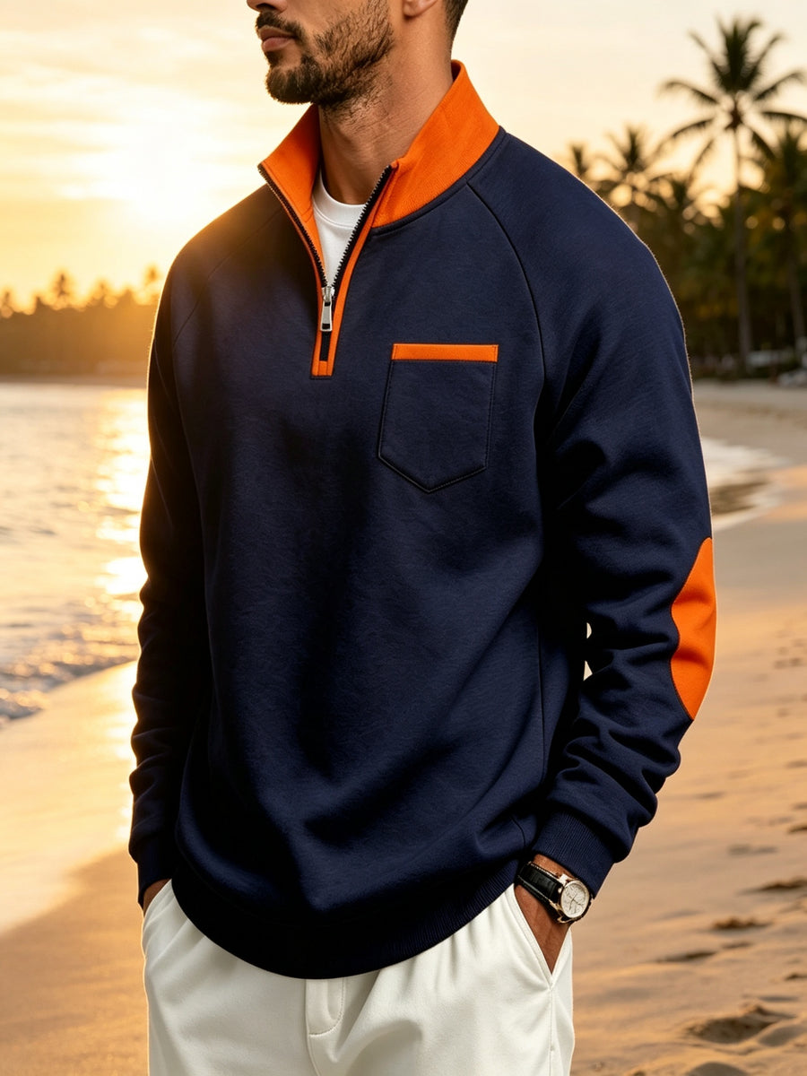 Men's Quarter Zip Stand Collar Sweatshirt, Heavyweight Color Block Pullover with Elbow Patches, Raglan Long Sleeve Tops with Chest Pocket, Lined Loose Casual Commute Outerwear, Autumn Winter Versatile Plus Size Men Clothing Multiple Colors& S - Navy Blue