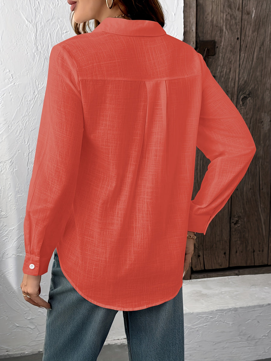 Slub Style Shirt Casual Women Long Sleeves - Brick Red