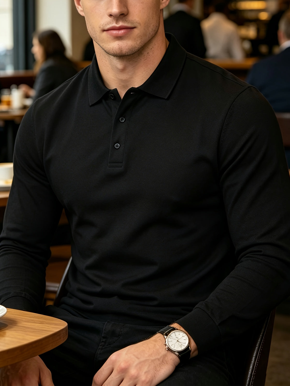 High-End Business Casual Men'S Long Sleeve Polo Shirt - Black