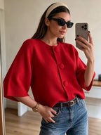 French-Style Large Button Cardigan - Oversized Cropped Top with Flared Bell Sleeves, Round Neck Button-Front Closure, Medium Stretch Suitable for - Layering, Elegant Office to Weekend Wear - Red