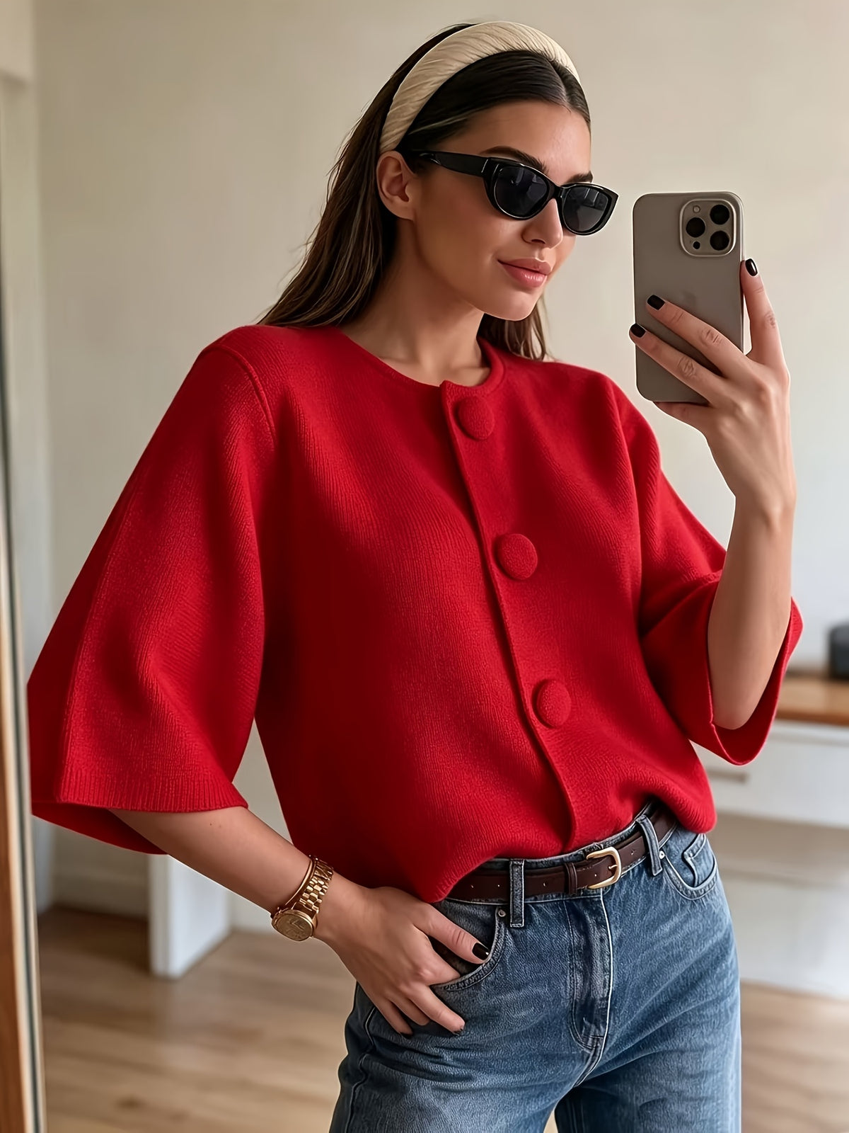 French-Style Large Button Cardigan - Oversized Cropped Top with Flared Bell Sleeves, Round Neck Button-Front Closure, Medium Stretch Suitable for - Layering, Elegant Office to Weekend Wear - Red
