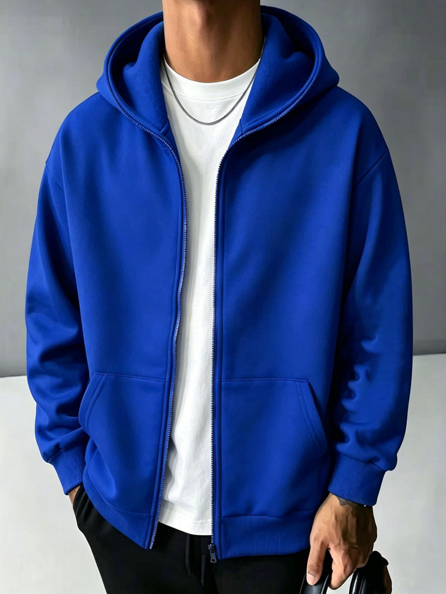 New Men'S Solid Color Autumn Winter Casual Athletic Top Men'S Hooded Zipper Sweatshirt - Blue