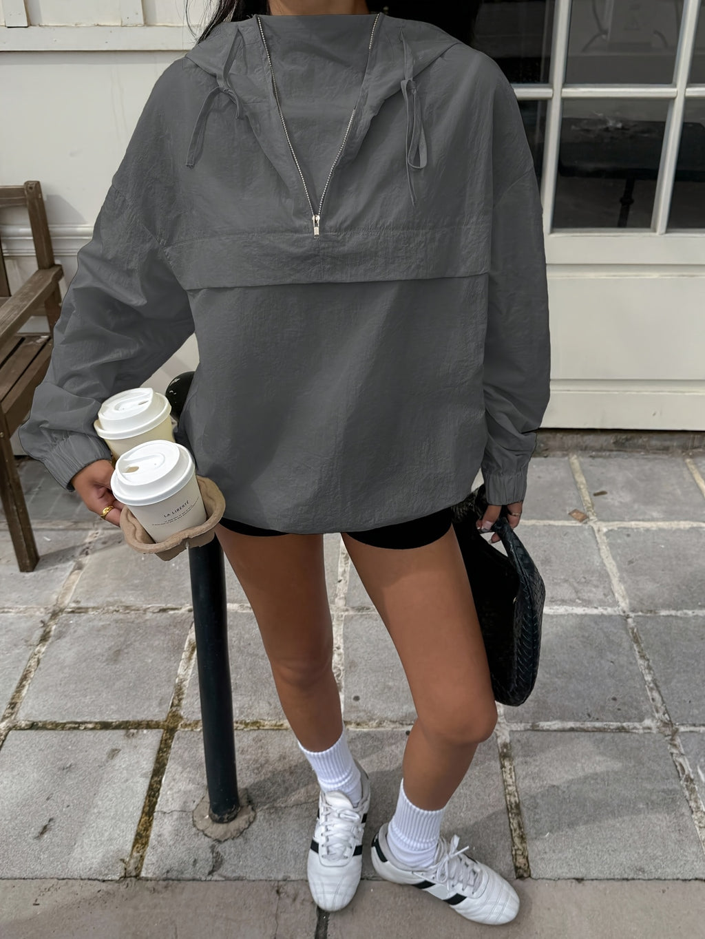 Casual Hooded Lightweight Jacket Top Women'S Easy Half-Zip Loose Pullover Outerwear Daily Commute Lazy Style Long Sleeve Top Versatile Drop Shoulder Outerwear Trendy Street Style Basic Style Long Sleeve Jacket [NS702] - Dark Gray
