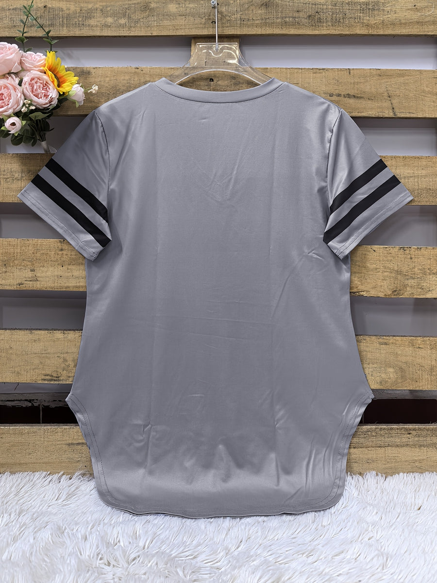 2026 European And American Spring Summer New Women'S Clothing Digital Print Curved Hem V-Neck Loose Casual Short Sleeve T-Shirt Top - Grey