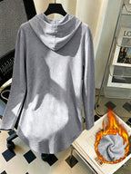 Mid-Length Hooded Sweatshirt for Women, Loose Hip-Covering Letter Print Drawstring Pullover Top - Light Grey
