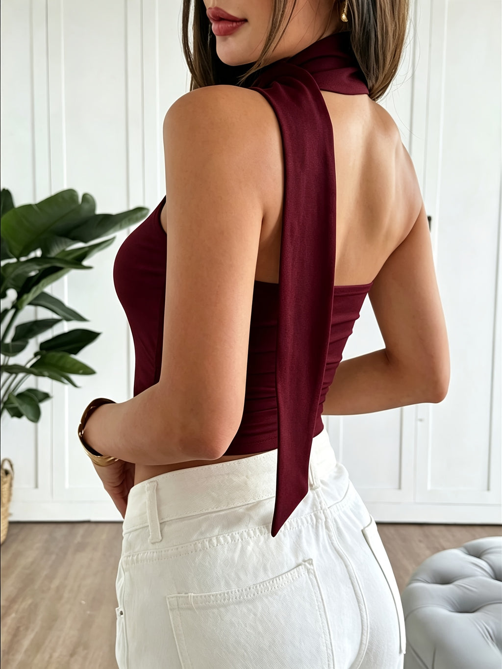 Western Hot Style Black Neck-Bare Bandeau Sexy Cross-Design Short Top - Burgundy