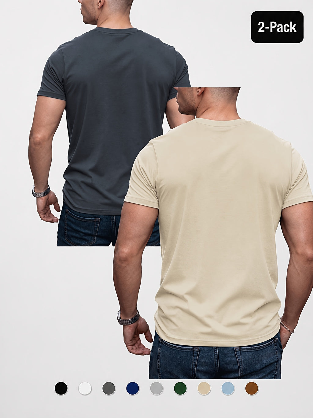 2pcs Men'S Round Neck Short Sleeve Top Set, Round Neck Solid Color Easy Style Soft -Like Fabric Basic Wearable Non-Picky Matching Daily Replacement Base Short Sleeve Top Suitable for Multi-Scene High-Frequency Replacement - Dark Grey+Khaki