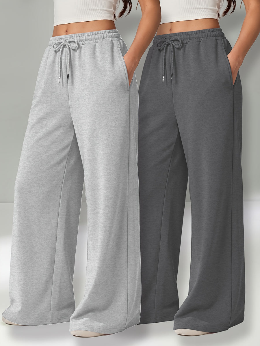 Autumn and Winter High-Waisted Casual Versatile Pants, Elastic Waist Loose Wide-Leg Pants 2pcs Set - Grey+Dark Grey