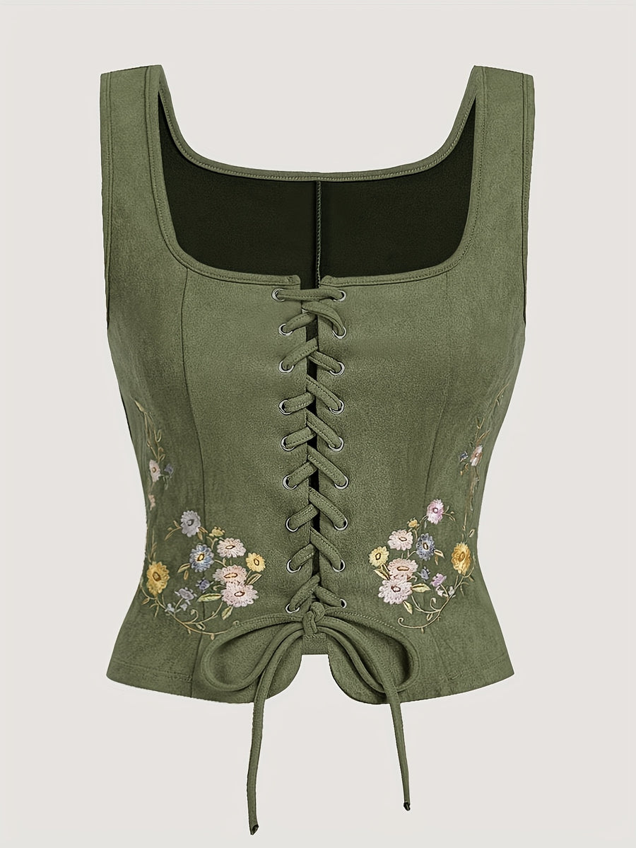 Women's Bohemian Brown & Floral/Leaf//Star/Bird/Bee/Bubblegum/Heart/Starfish/Lace-like Threading Embellished Square Neck Lace-like Top - Short Sleeve Lacing-Front Closure Boho-Chic Blouse for Music Festivals & Parties ( - Tactical Green