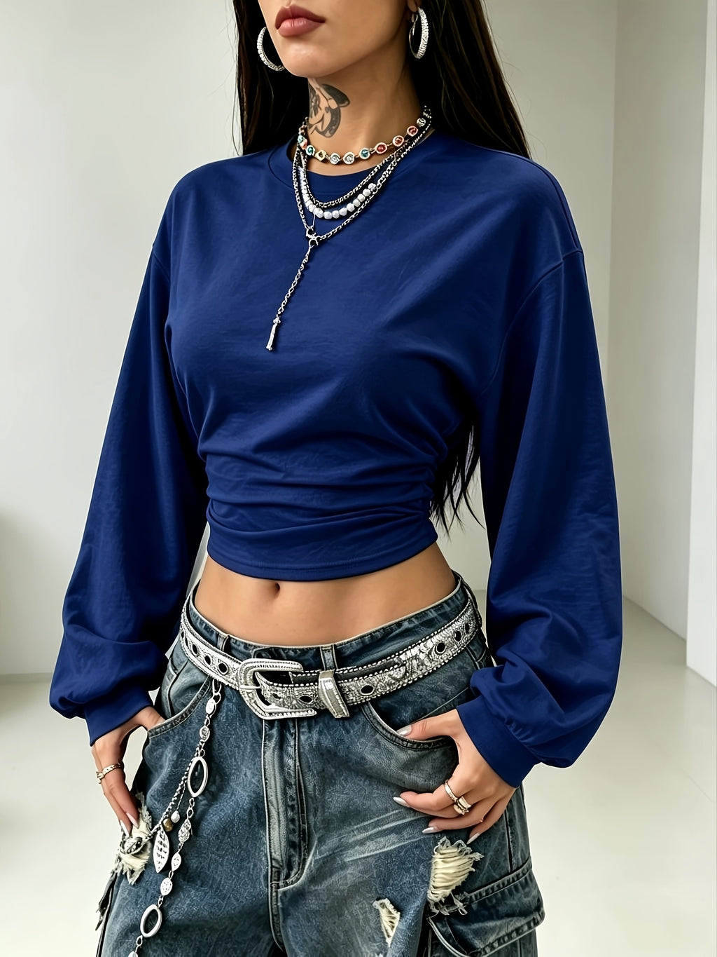 Women's Back-to- Season Basic Solid Color Pleated Asymmetrical Collar Long Sleeve Pullover Top, Autumn/Winter Casual Versatile Style,, Leisure, Dating, and Vacation Holidays in Multiple Scenarios - Navy Color