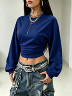 Women's Back-to- Season Basic Solid Color Pleated Asymmetrical Collar Long Sleeve Pullover Top, Autumn/Winter Casual Versatile Style,, Leisure, Dating, and Vacation Holidays in Multiple Scenarios - Navy Color