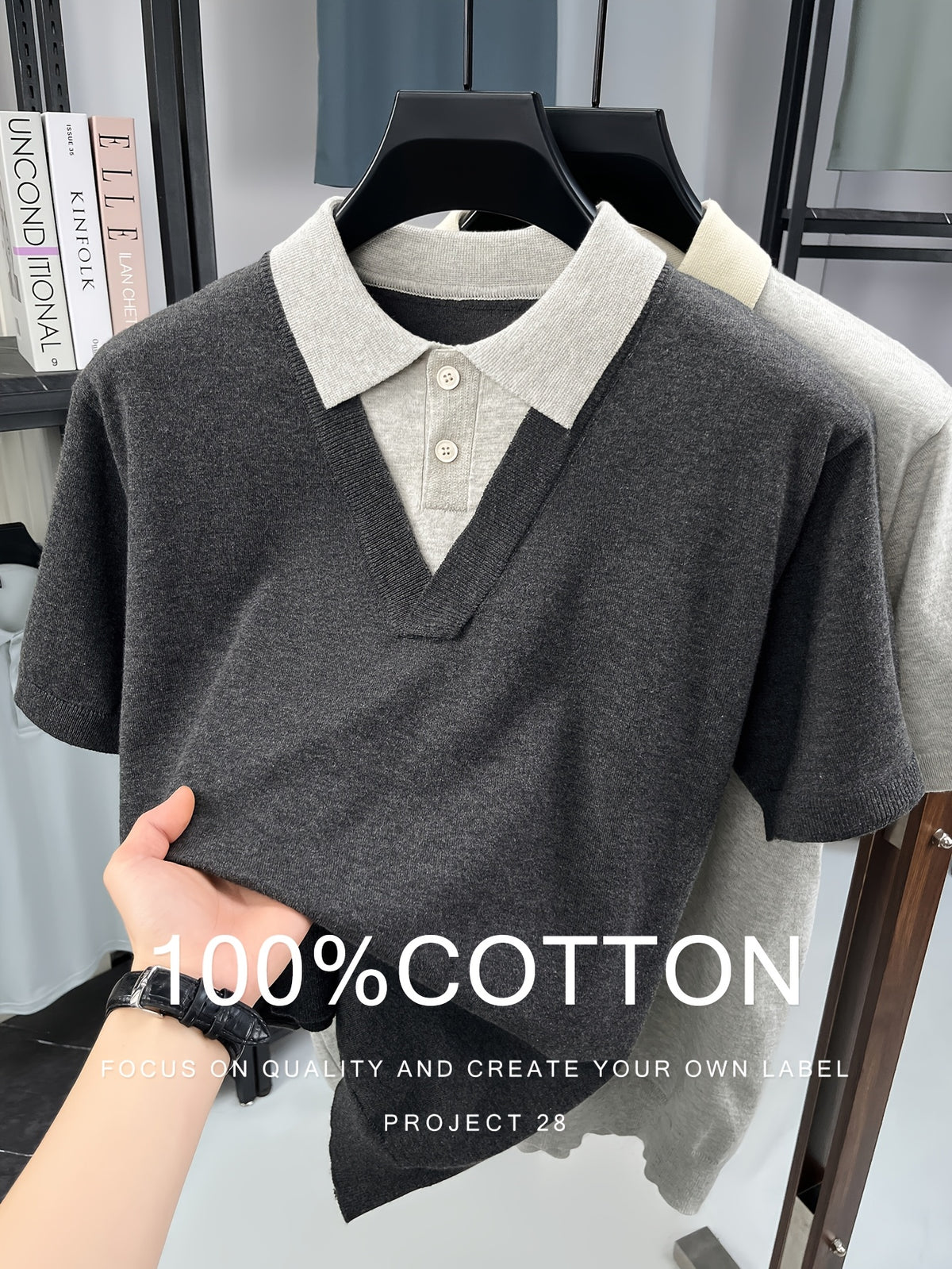 100% Pure Fake Two-Piece Pullover Knitted Short-Sleeved Polo Shirt Men'S Summer Color-Blocking Lapel Casual Shirt Light Luxury Business Casual Versatile Breathable Top Daily Outing Commute Work Dating Shopping Fashion Versatile Multi-Color Optional - Graphite Color