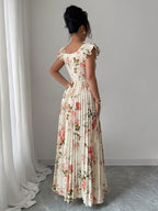 Women'S Elegant Floral Print Pleated Hem Long Dress, Summer - Multicolor