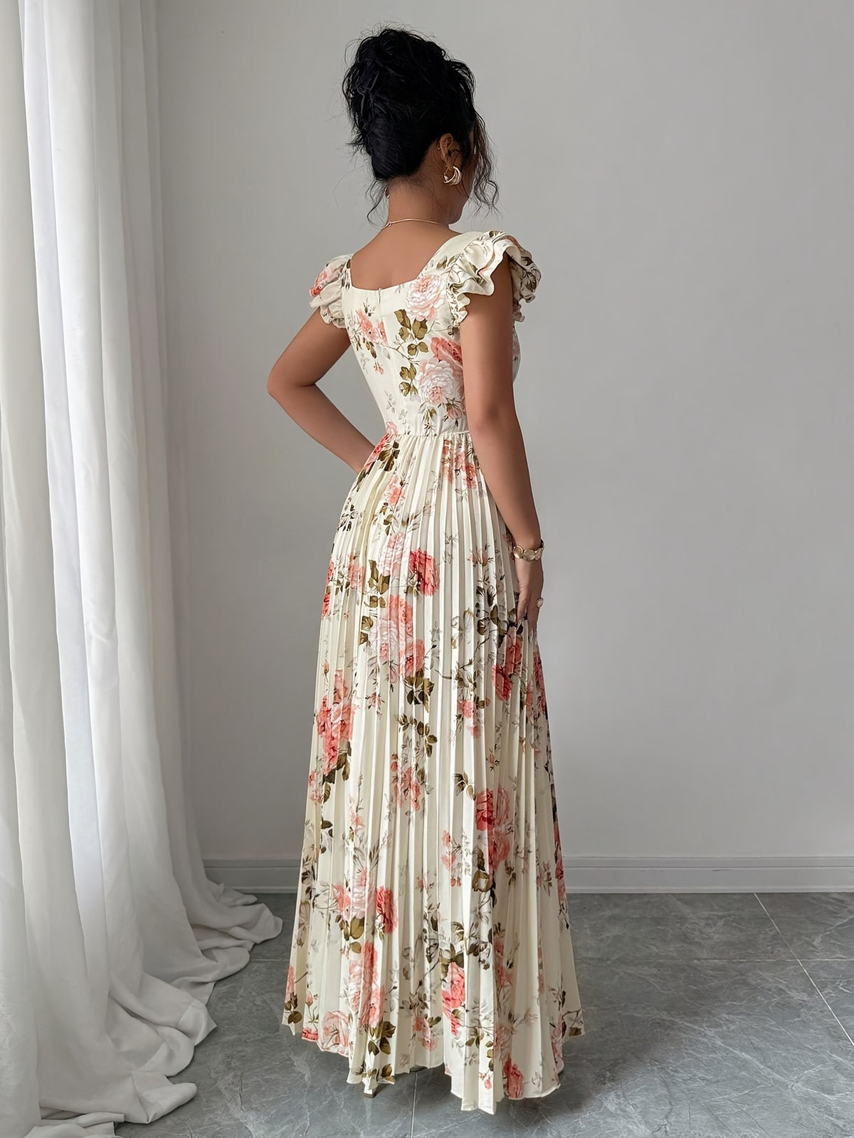 Women'S Elegant Floral Print Pleated Hem Long Dress, Summer - Multicolor