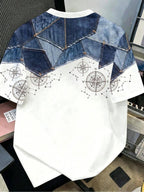 Men's Short-Sleeve T-Shirt, Imitation Denim Patchwork Compass Print, Suitable for Young Fashionable Men Who Seek Personal Expression and Love Streetwear Culture. Digital Print - No Texture - Mixed colors