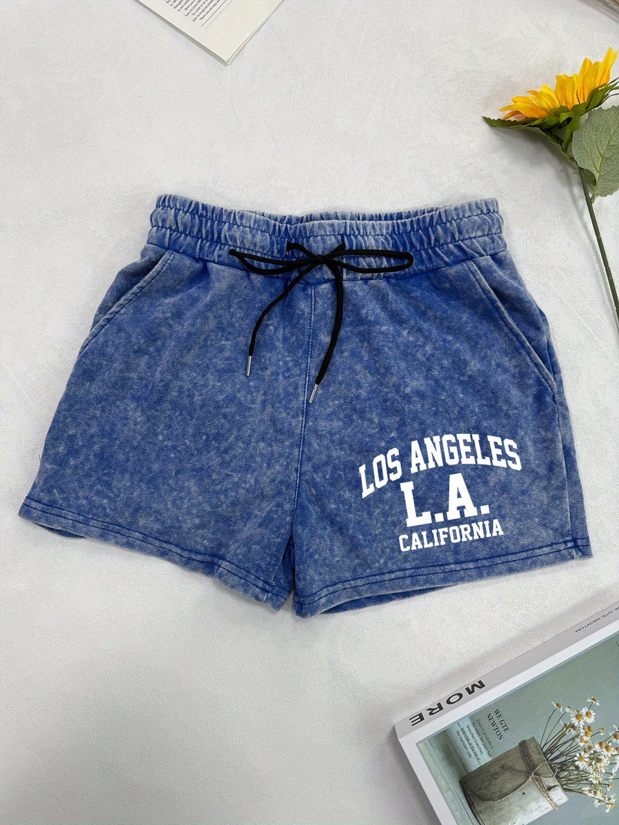 Small Niche Design, Fashionable and Trendy Patterns, Printed Women's Summer Retro Washed Distressed Shorts, Loose and Casual - Royal Blue