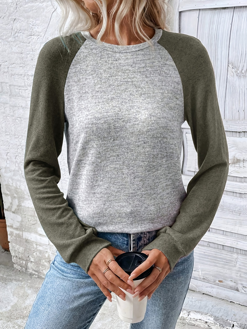 Round Neck Off-the-Should Long Sleeve T-Shirt - Mixed Color 1