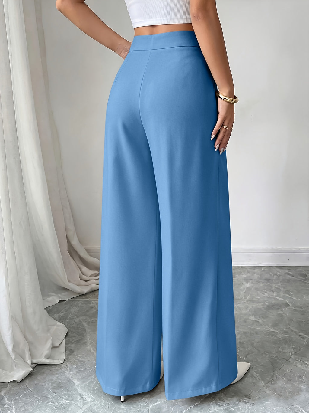 Women's New High Waisted Blue Straight Leg Pants with a Single Breasted Front, Simple, Elegant and Fashionable Pants - Vibrant Blue