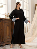 Elegant And Easy Solid Color Long Zip Dress with Exquisite Stitched Cuffs, Perfect for Casual Muslim Wear - Black
