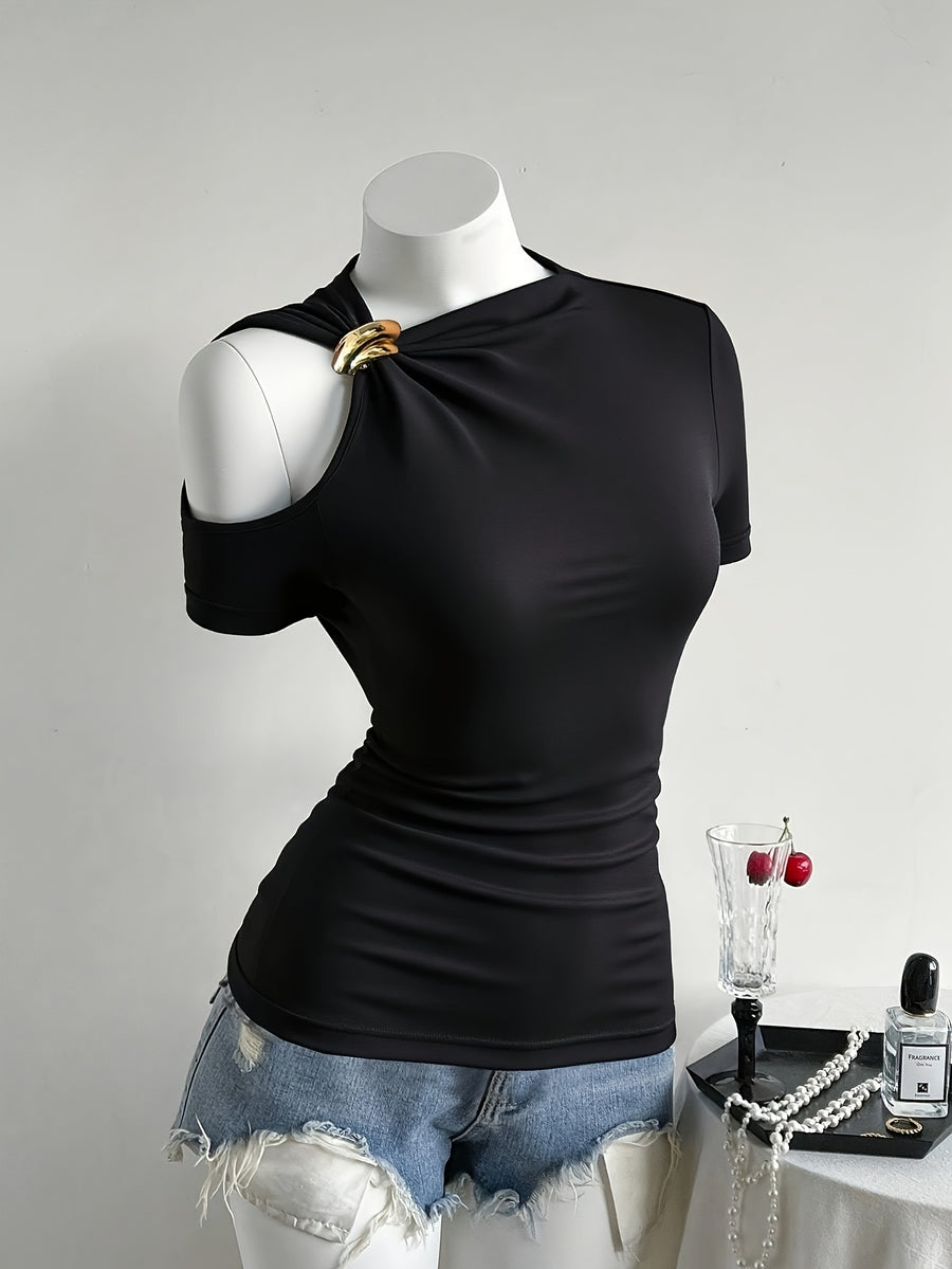 Women's Slim-Fit Fashion Short-Sleeve Top with Front Tie and Metal Buckle Detail - Black