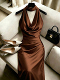YYTT Glossy Fabric Halter Evening Dress, Light Luxury Socialite Style Halter Dress, Backless Skirt, Light Mature Date Commute Style Halter Long Dress, Evening Formal Wear Outfit, Couple Date Ambiance Outfit SP26103 - Coffee Brown
