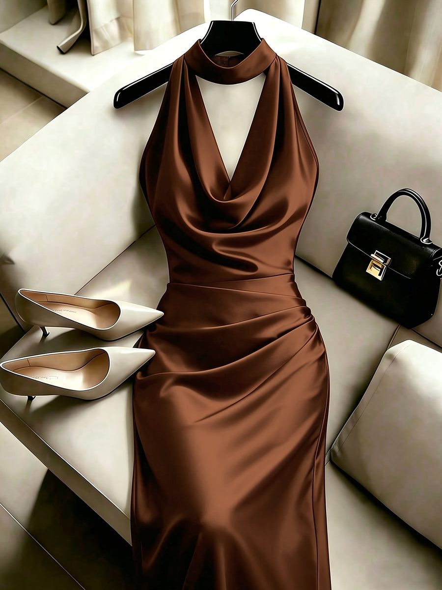 YYTT Glossy Fabric Halter Evening Dress, Light Luxury Socialite Style Halter Dress, Backless Skirt, Light Mature Date Commute Style Halter Long Dress, Evening Formal Wear Outfit, Couple Date Ambiance Outfit SP26103 - Coffee Brown