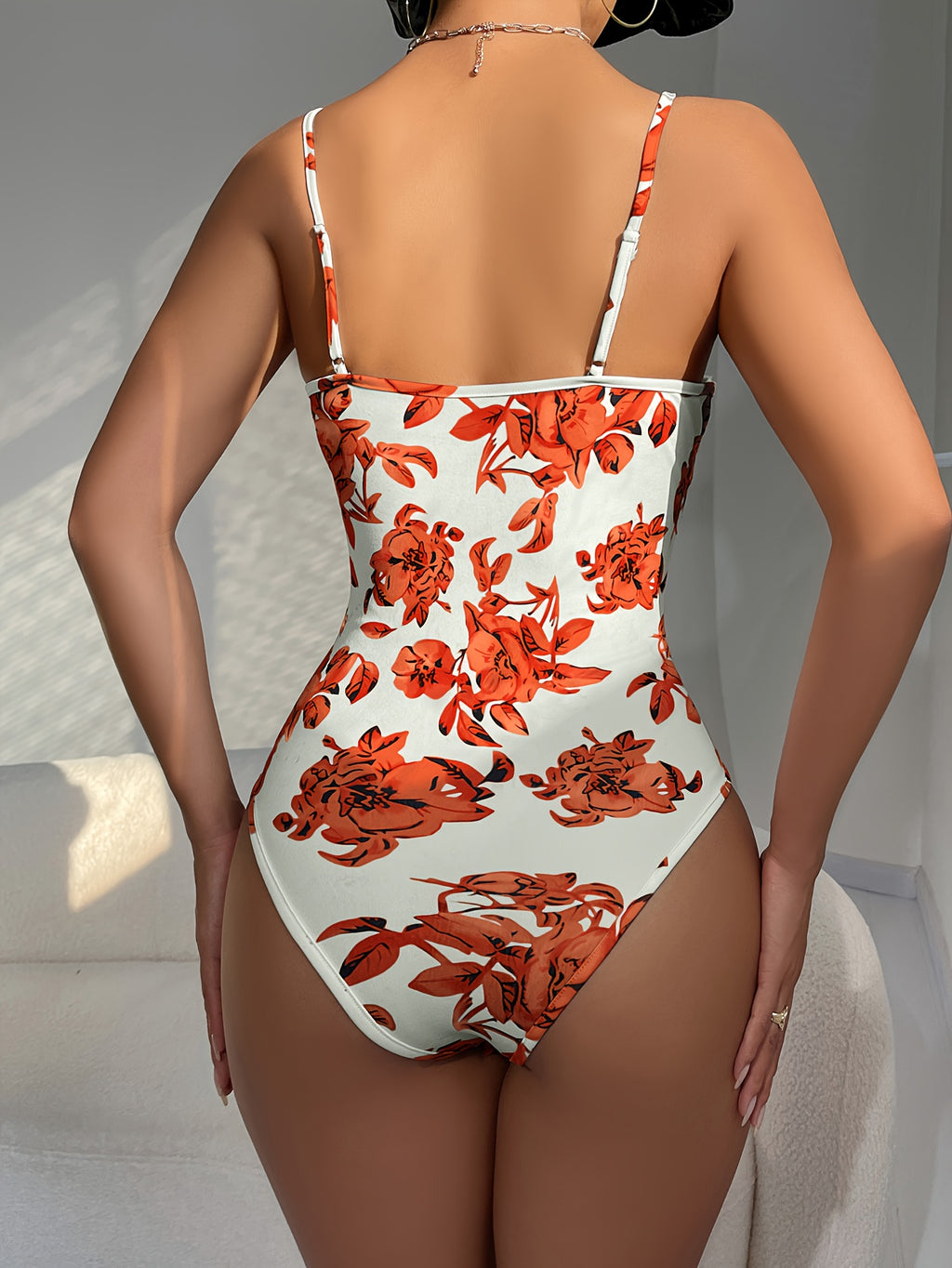 Floral Print Sleeveless Jumpsuit, Suitable for Casual And Office Wear, Summer Push-Up Bikini - Orange