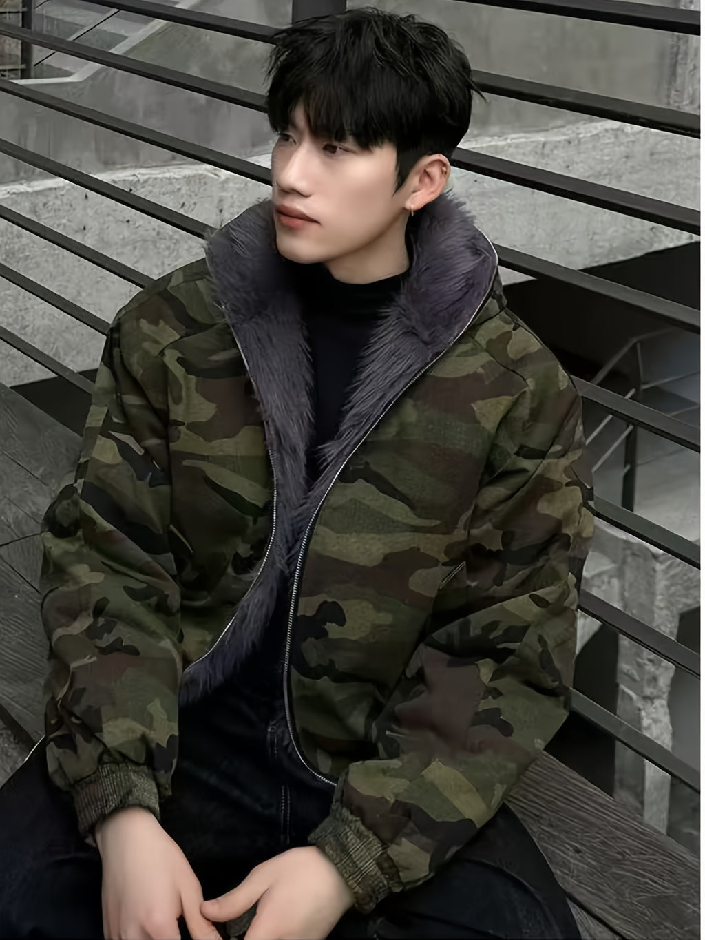 Camouflage Jacket with Hood Men'S Winter Fleece-Lined Thickened Coat American Style Trendy Brand Vintage Jacket Men'S Winter Wear Pattern Transitional Style Jacket - Camouflage