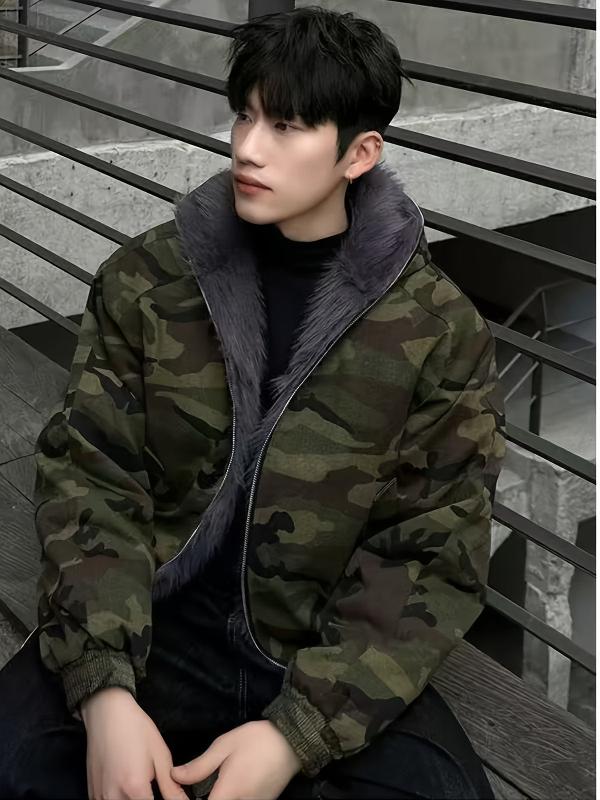 Camouflage Jacket with Hood Men'S Winter Fleece-Lined Thickened Coat American Style Trendy Brand Vintage Jacket Men'S Winter Wear Pattern Transitional Style Jacket - Camouflage