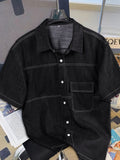 Men's Imitation Denim Contrast Stitching Color Block Design, Fashionable, Versatile, and Trendy Casual Short-Sleeve Shirt - Black