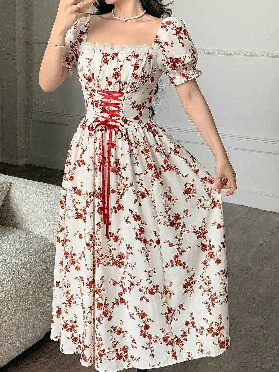 Charming Romantic Dumb Flower Patchwork Lace Collar Long Sleeve Waist-Cinching Elegant Dress, Vacation Wear, Women'S Dress - Mixed colors