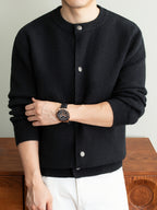 [Wading Whale OBM] 1pc Autumn Winter New Men'S Knit Cardigan, Old Money Style Textured Solid Color Round Neck Open Front Single Button Long Sleeve Sweater Base Layer Top, Men'S Casual Fashion, Suitable for Autumn And Winter Wear, Fits Daily Commute - Black