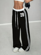 Women'S Athletic Spring/Summer Digital Print Belt Patchwork Casual Athletic Street Retro Style Loose Athletic Pants - Black