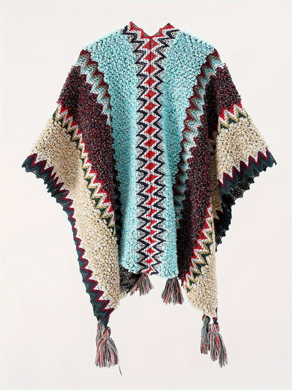 Tassel Striped Hollow-Out Airplane Blanket Cape Unisex Travel Coat - Lake Blue