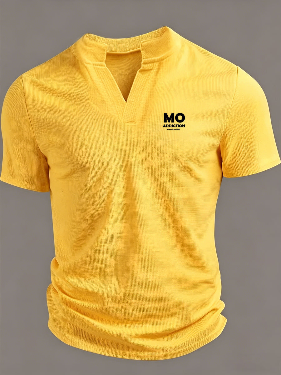 Summer Waffle-Weave Men'S Short Sleeve T-Shirt, Small Stand Collar V-Neck Print Trendy Men'S Versatile Short Sleeve - Yellow 3