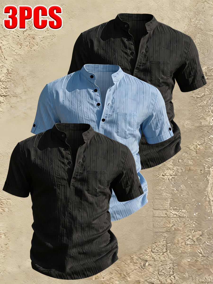 Men's Stand Collar Henley Short Sleeve Shirt 3pcs, Vertical Stripe Texture Half-Button with Pocket Top, Summer Breathable Casual Vacation 3pcs Versatile Men's Shirt Set - Black+Black+Blue