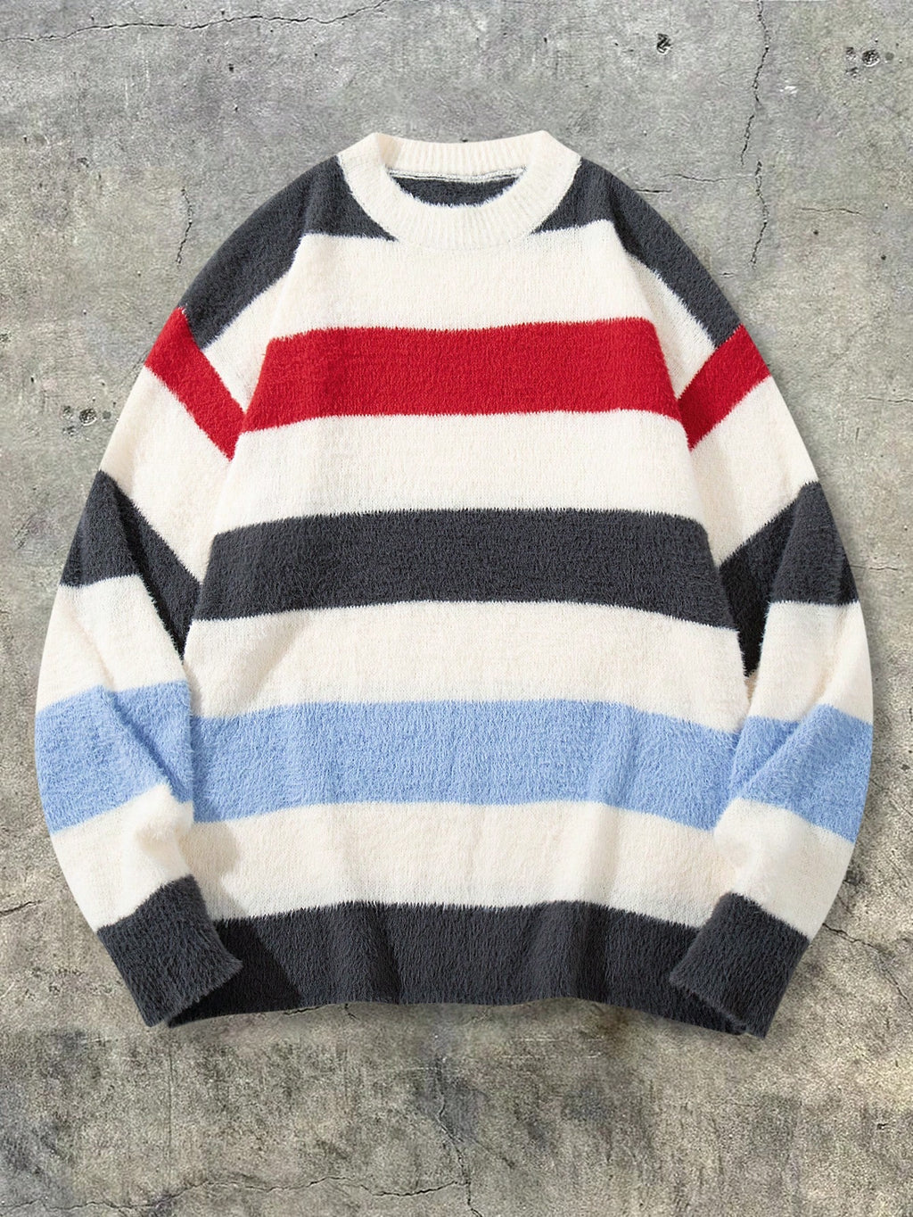 Men's Sweater, Fashionable Street Style, Versatile for Daily Commute and Home Wear, Two-Tone Striped Crew Neck Long Sleeve Loose Knit Pullover, Autumn/Winter Style - White