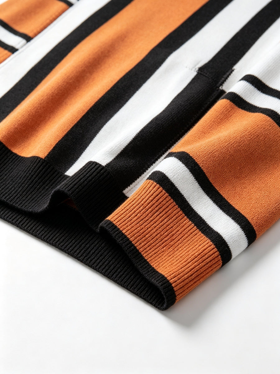 Men'S Individual Color-Block Pinstripe Round Neck Pullover Sweater Jacket, Patchwork Sleeve Horizontal Stripe Design Pullover Top, Men'S Casual Outerwear Knit Base Layer - Orange
