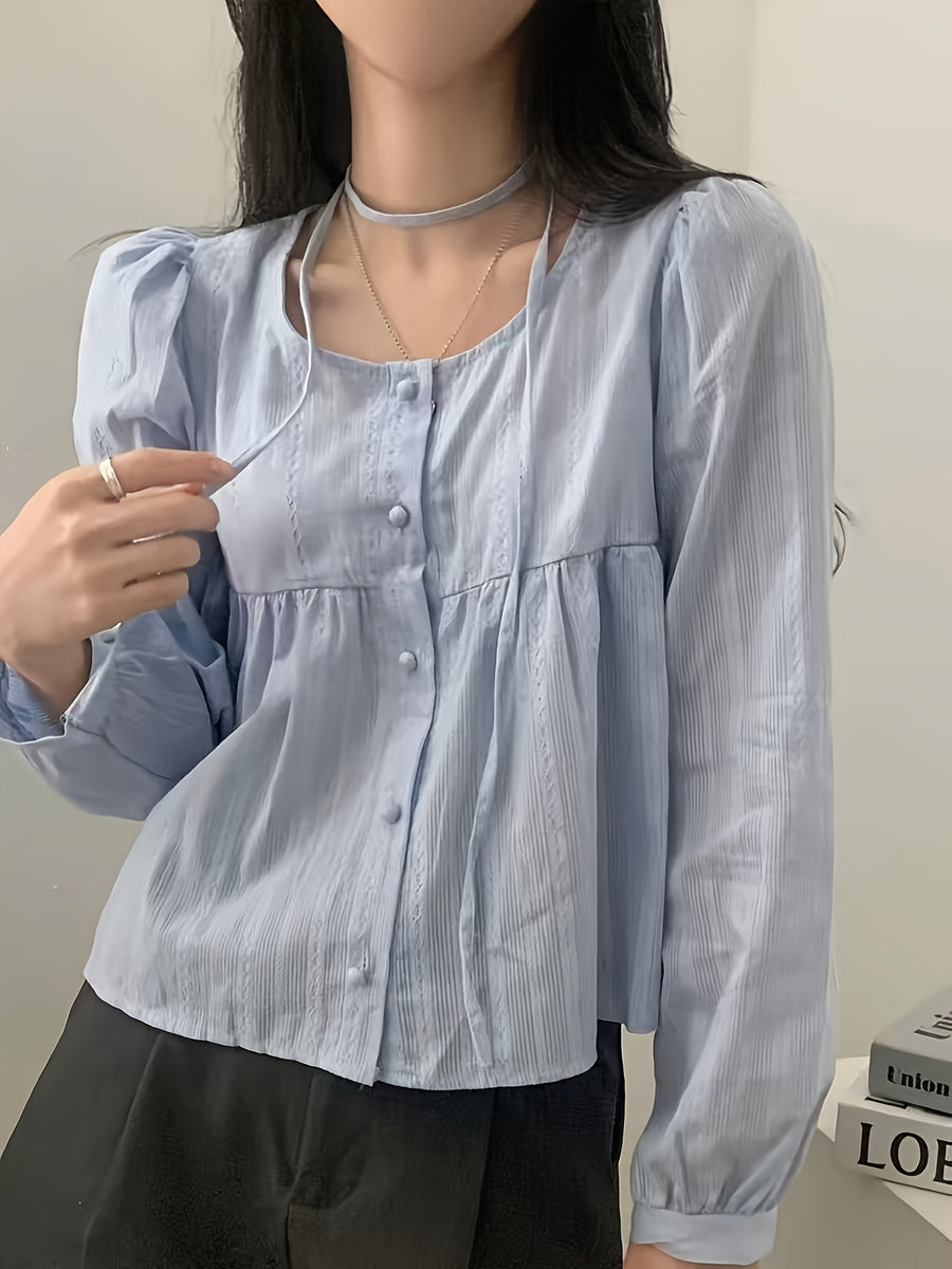 Women's Casual Spring/Summer Vintage Round Neck Loose Bubble Sleeve Long Sleeve Shirt Top - Light Blue