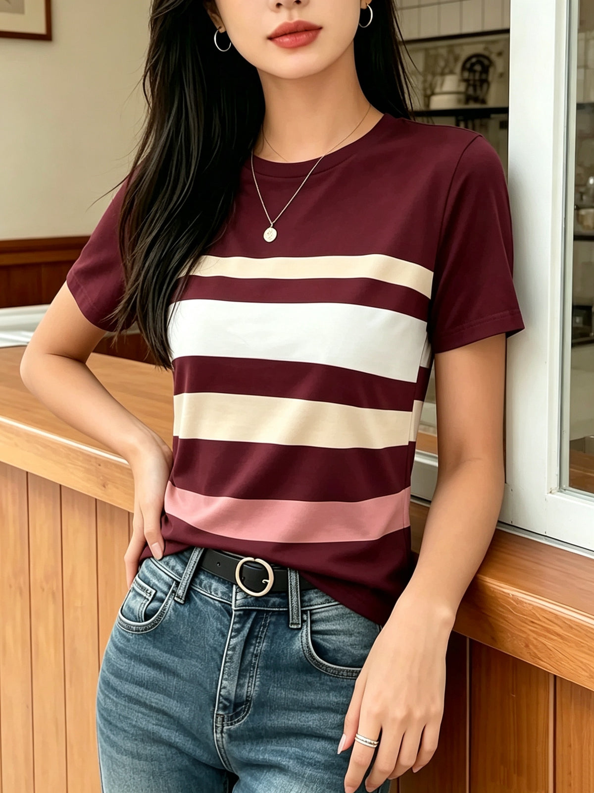 [Printed Design Texture] Women'S Korean-Style Blogger'S Colorful Striped T-Shirt, a Versatile Basic Short-Sleeve Top That Flatters The Figure And Is Suitable for All Body Types, a New Summer 2026 Model for Commuting And Casual Wear - Mixed Color 2
