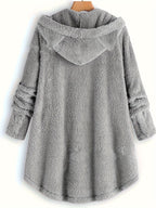 Cat & Slogan Print Teddy Hoodie, Casual Long Sleeve Button Decor Hoodie Sweatshirt, Women's Clothing - Grey