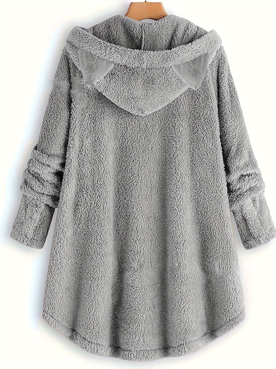Cat & Slogan Print Teddy Hoodie, Casual Long Sleeve Button Decor Hoodie Sweatshirt, Women's Clothing - Grey