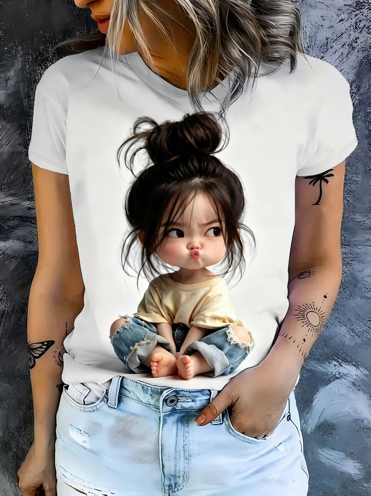 Style Playful Pouting Print Women's Short-Sleeve T-Shirt, Age-Reducing Cute Casual Top, Women's Fashionable Casual Top, Stylish and  Casual Short-Sleeve Top, Women's Casual Short-Sleeve Top, Gift, Machine-Washable Holiday Party Top, Durable Fabric - White