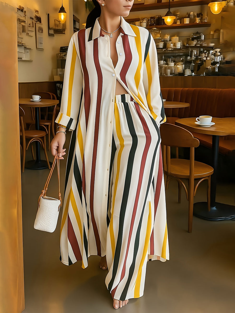 Plus Size Stripe Print Two-piece Set, Collared Button Front Long Sleeve Shirt & Wide Leg Pants Outfits, Women's Plus Size Clothing - White