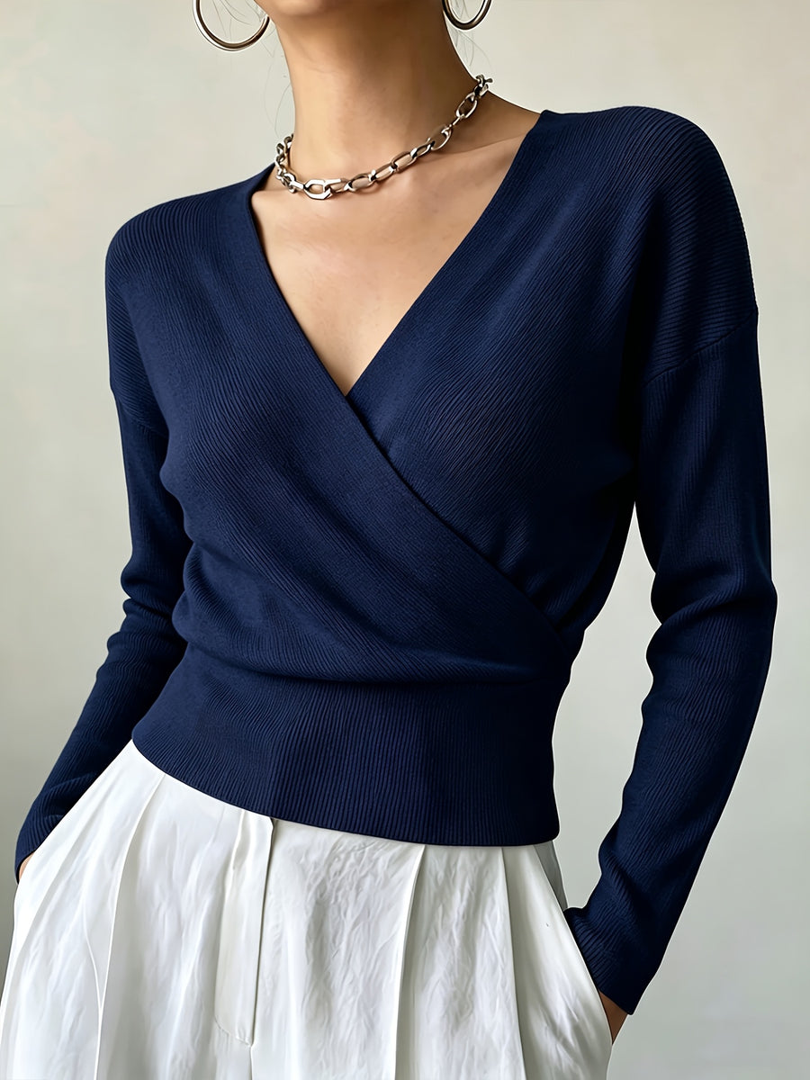 Women'S New Arrivals INS Autumn/Winter Cross-Collar Pullover, Elegant Versatile Loose Fit Machine Washable Long-Sleeve Knitwear - Navy Color
